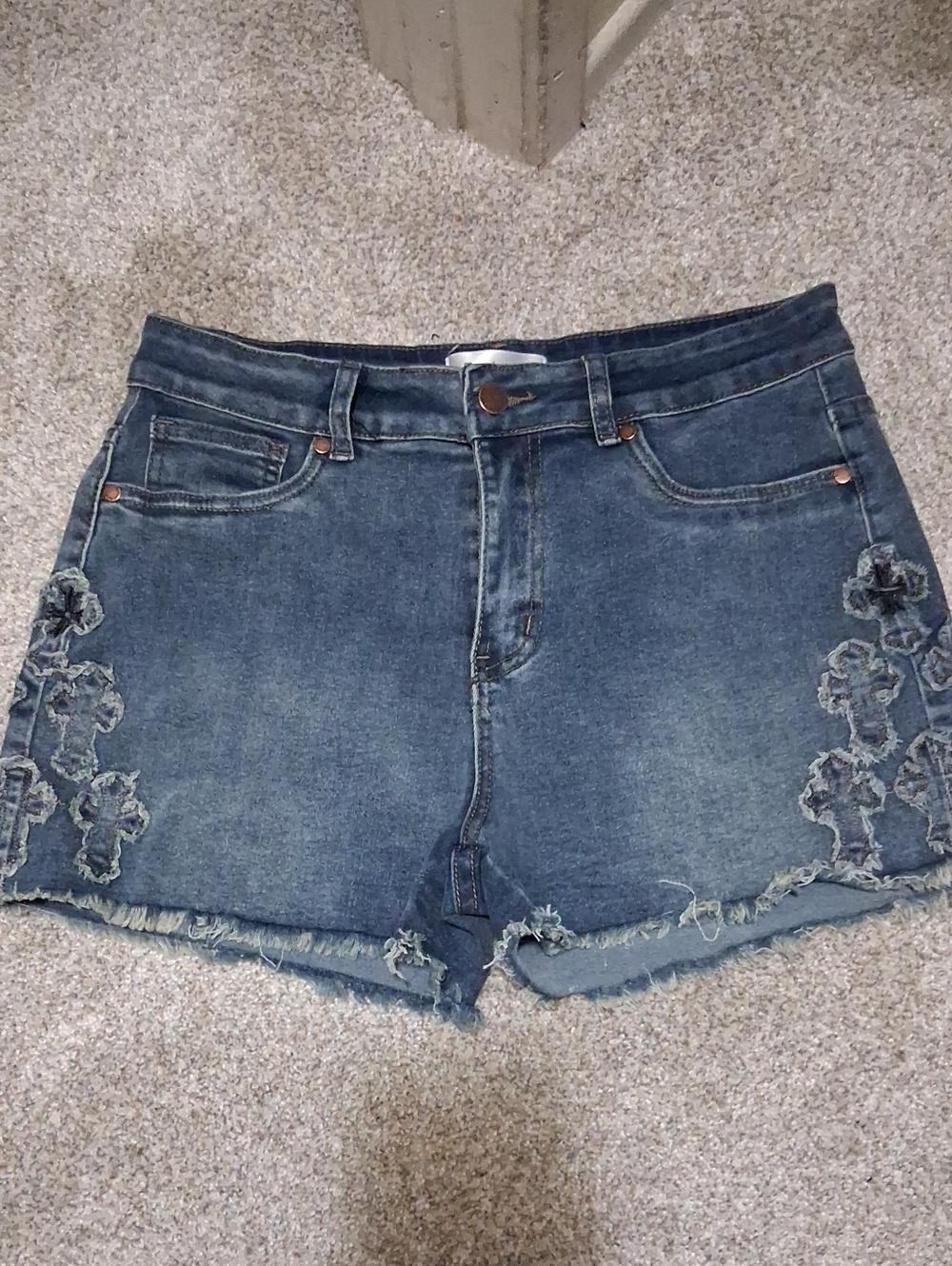 BAMBOO Dark Blue Denim Jean Shorts with Side Floral Fray